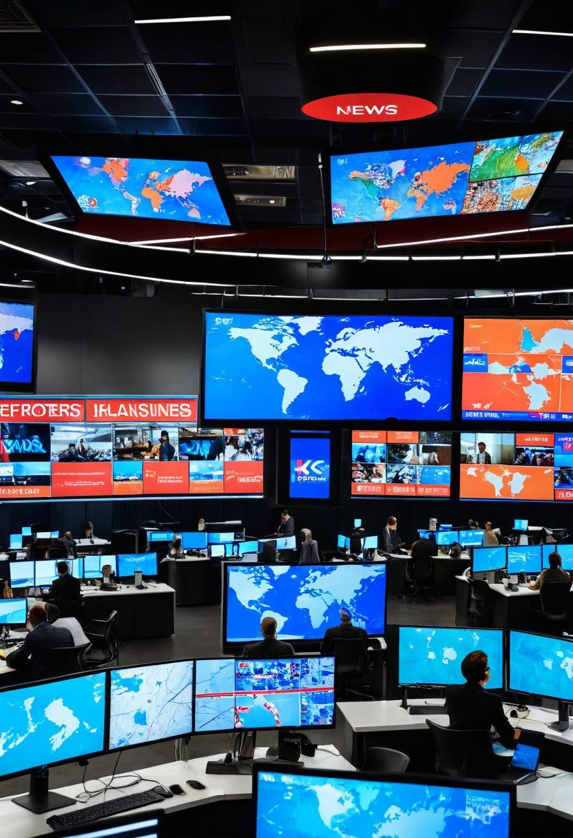 A modern newsroom with diverse reporters engaging in conversations, computers displaying live news updates, and cameras set up for broadcasting. Prominent K5 News branding on walls and screens. A world map with highlighted news hotspots. vibrant colors. super-realistic.