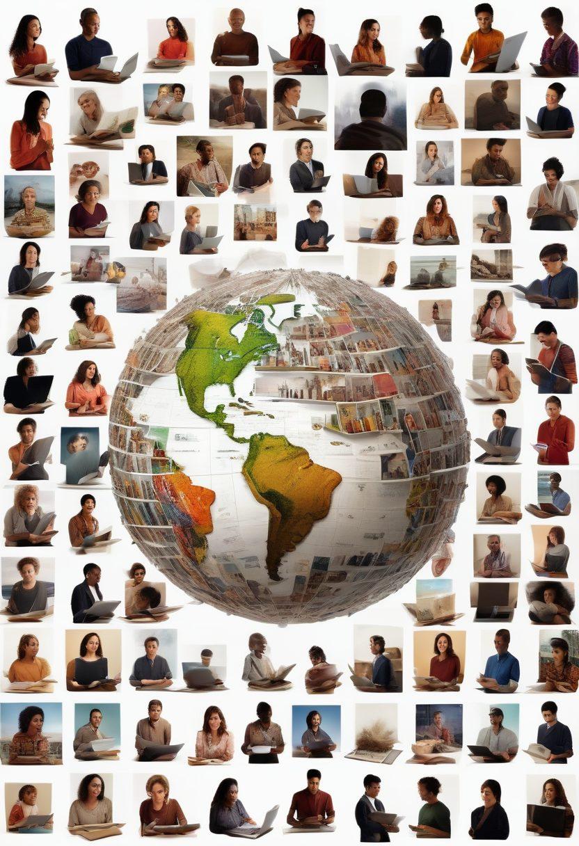 A vibrant, bustling global news collage featuring diverse people from different communities around the world sharing, reading, and reporting news stories. Include landmarks, various cultural symbols, and digital devices connecting them. Super-realistic. Dynamic colors. White background.
