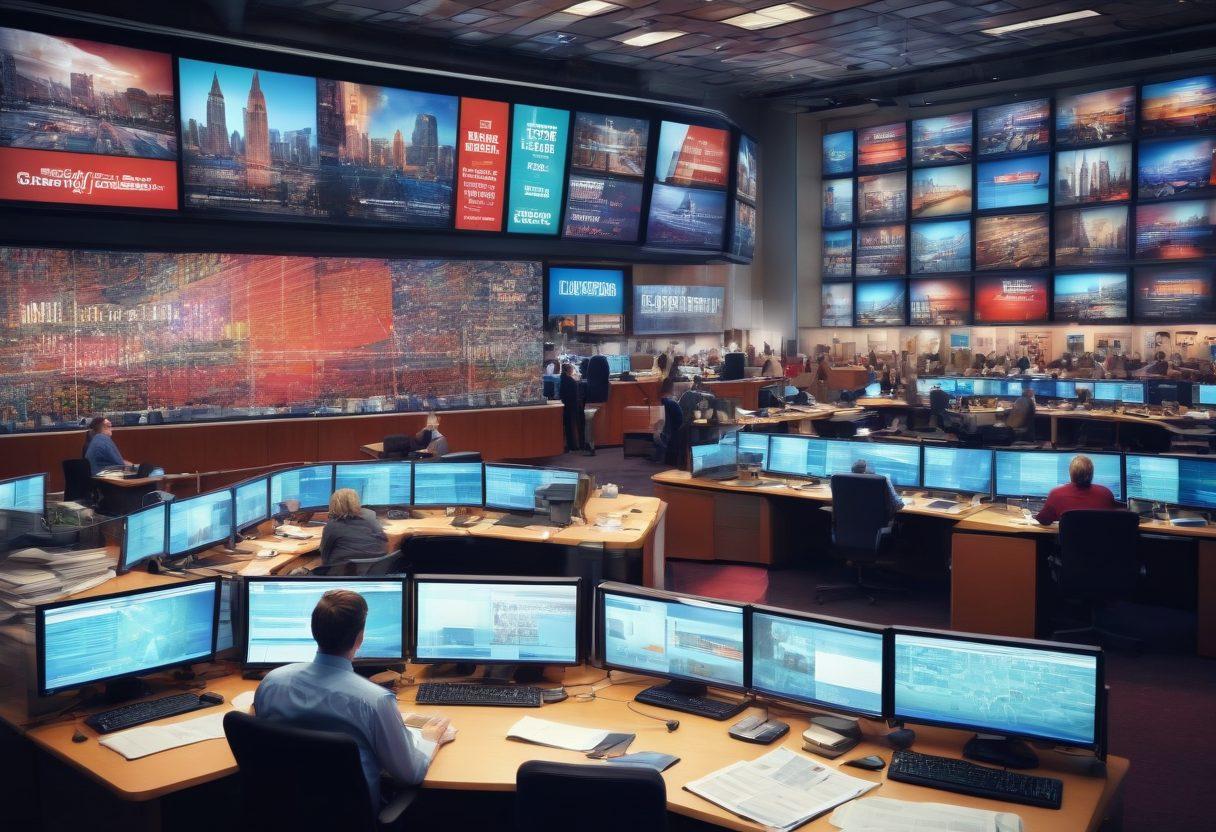 A bustling newsroom with journalists typing furiously at their desks, large screens showing breaking news headlines from around the globe, and newspapers scattered everywhere. In the background, a cityscape with prominent local landmarks. super-realistic. vibrant colors. dynamic composition.